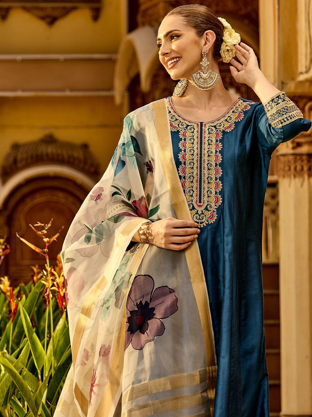 Graceful NavyBlue Silk Blend Zari Embroidery Aline  kurta set with dupatta