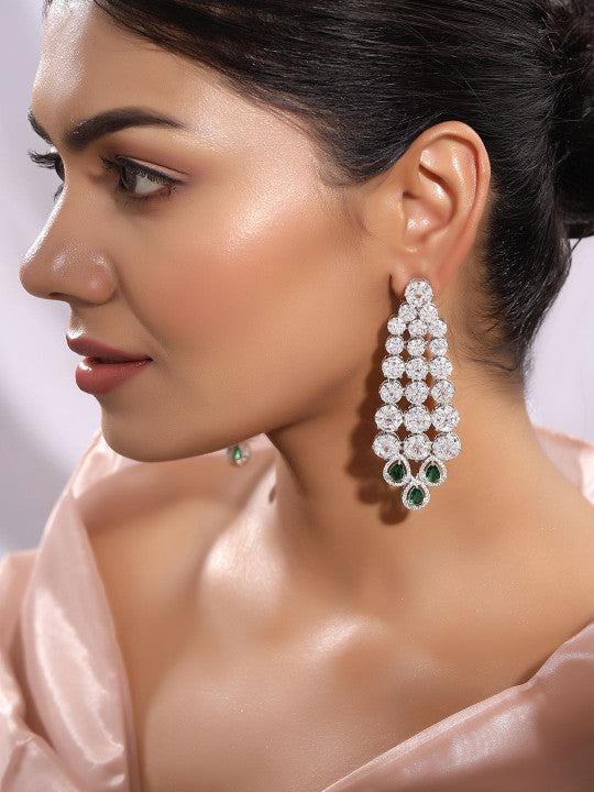 Ishin Green Colour Silver Plated American Diamond Drop Earring