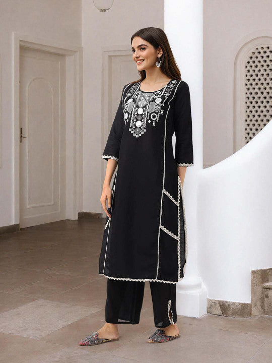 Ishin Women Black Roman Silk 2Pcs Kurta Set