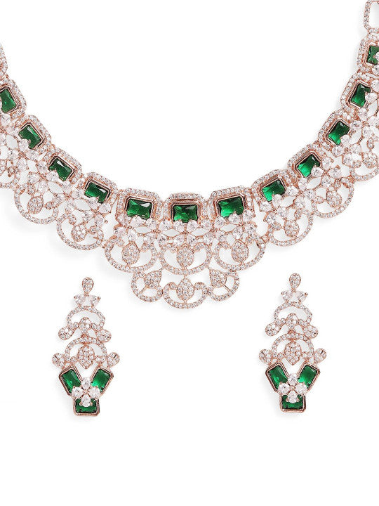 Ishin Green  Colour Rose Gold Plated American Diamond Jewellery Set