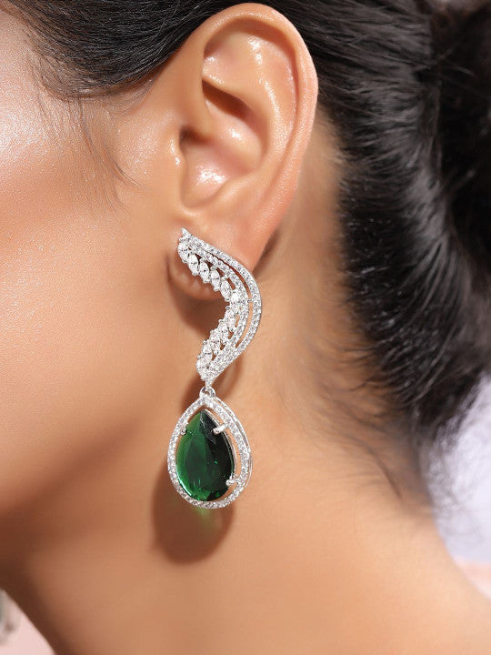 Ishin Green Colour Silver Plated American Diamond Drop Earring