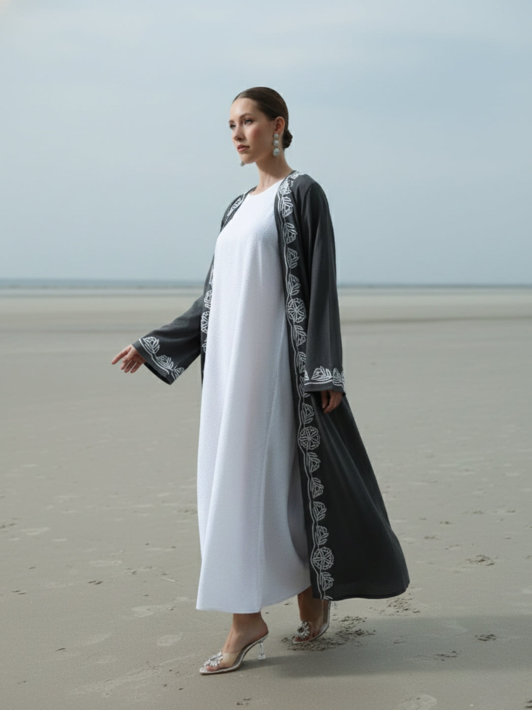 Rich Grey Relaxed Abaya with Hijab in Chinese Crepe