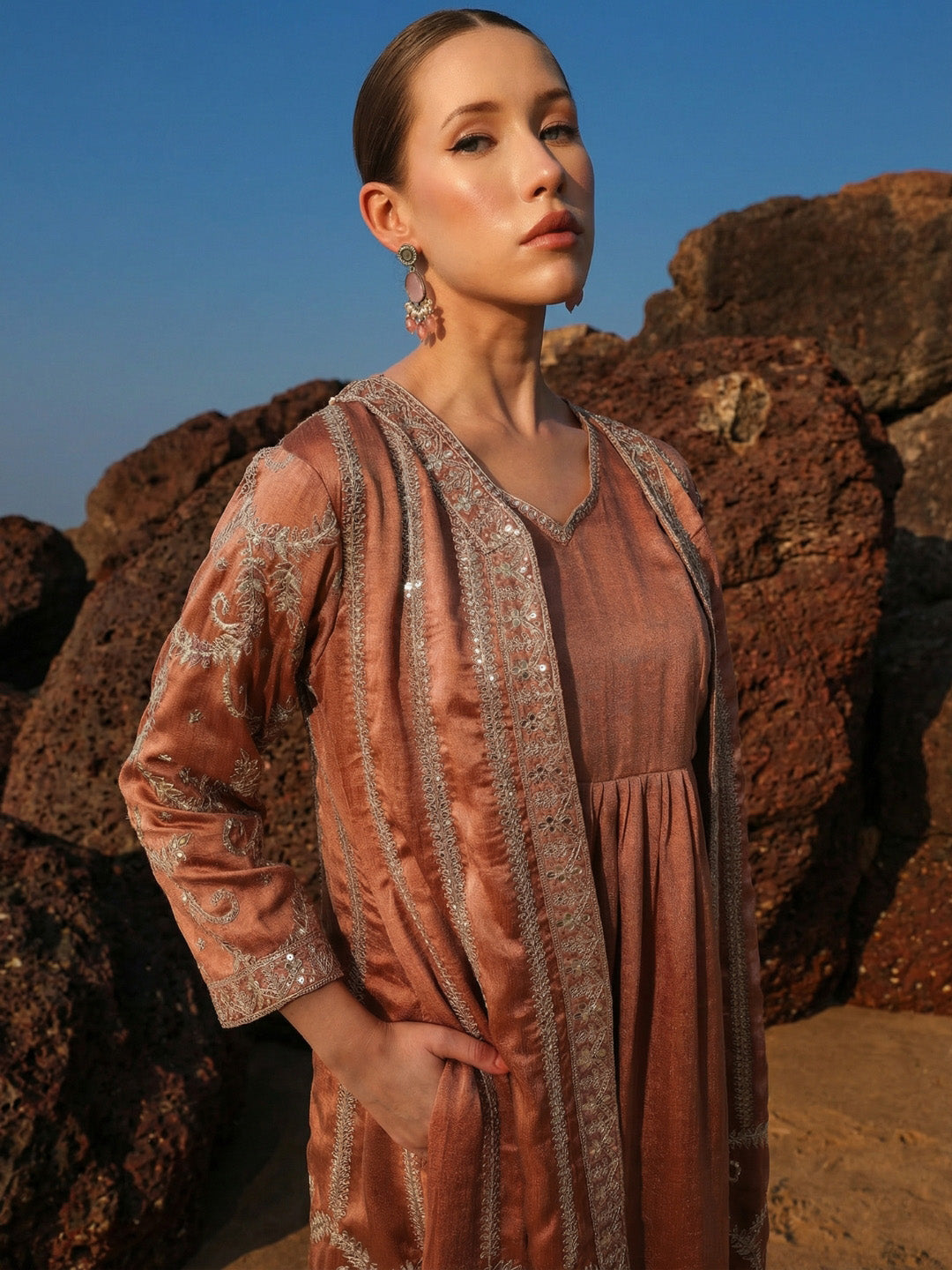 Rich Chinon Embroidered Brown Embroidered A Line Dresses StraightBottom