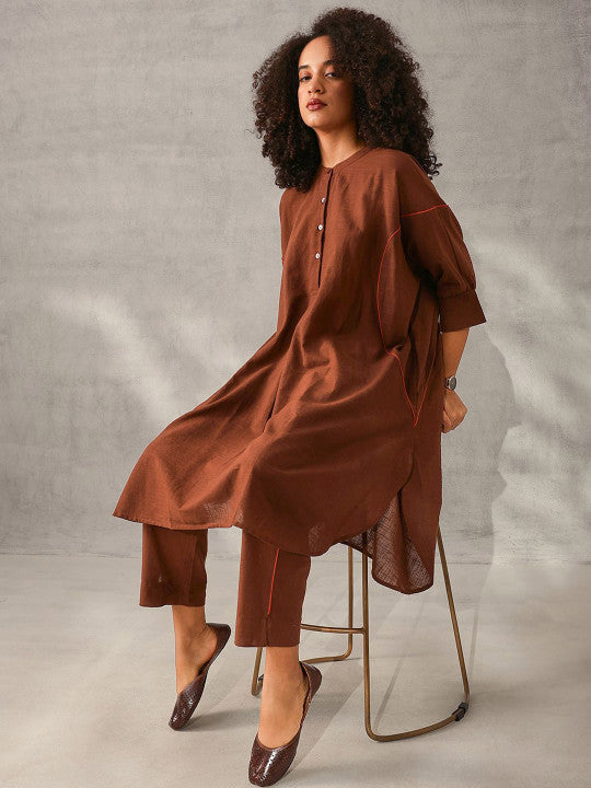 Ishin Comfy Brown Poplin Solid Relaxed Fit Co-ord set