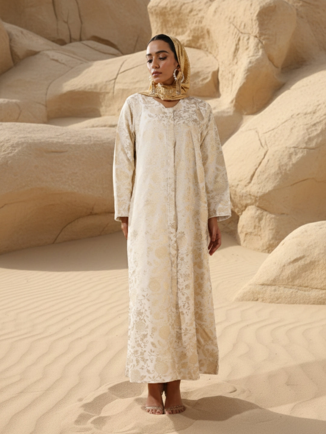 Rich White Relaxed Abaya with Hijab in Crinckle Cotton