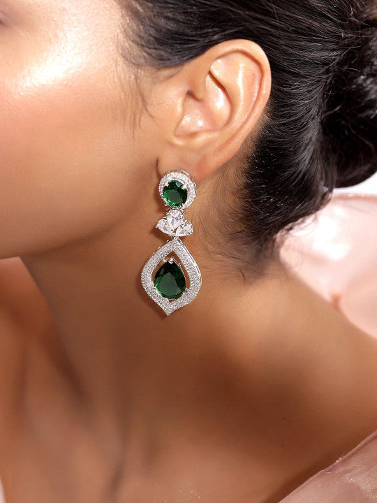 Ishin Green Colour Silver Plated American Diamond Drop Earring