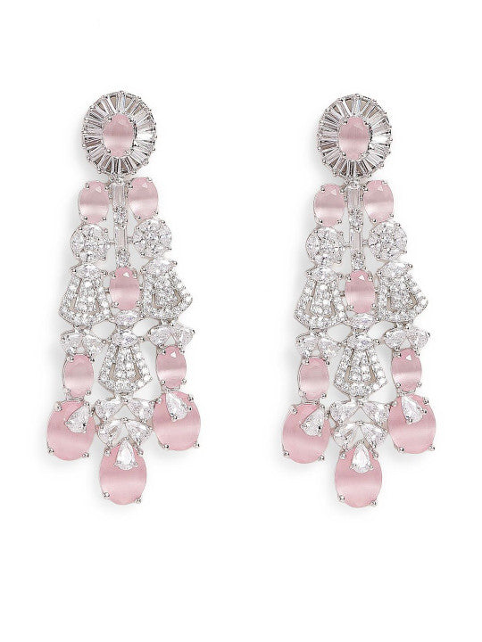 Ishin Pink Colour Silver Plated American Diamond Drop Earring