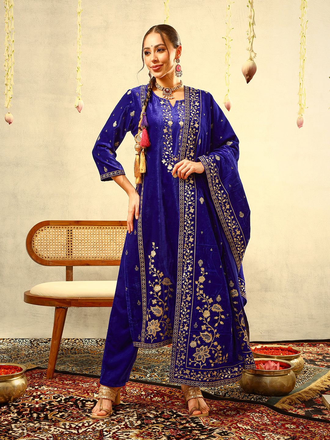 Royal Blue Gold Print Festive Kurta with Trouser & Velvet Dupatta