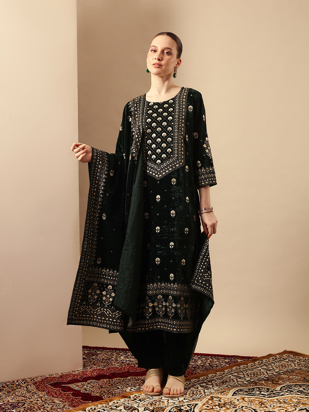 Rich Dark Green Velvet Gold Print Straight Kurta sets with dupatta