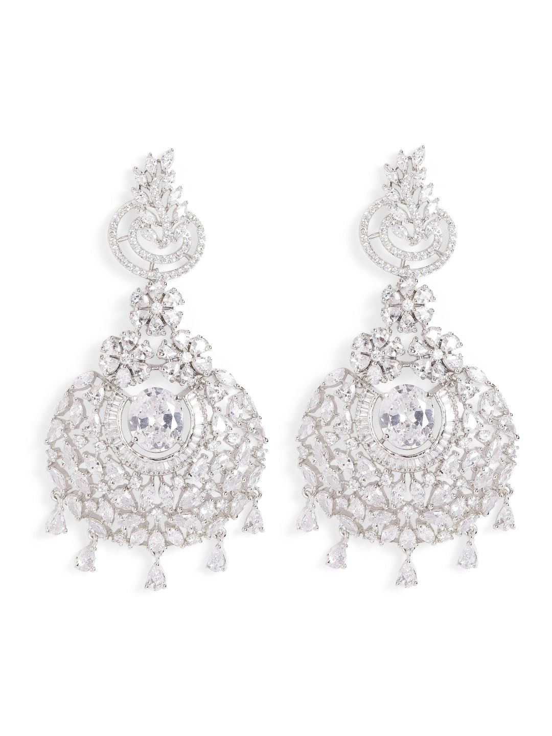White Colour Silver Plated AD Drop Earring