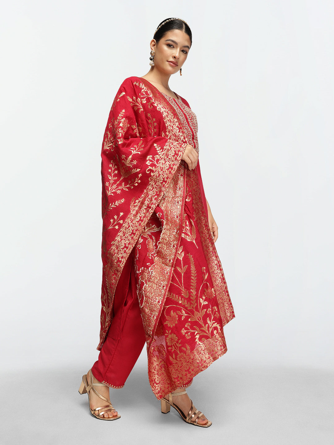 Elegant Red Chinon Zari Embroidered Straight Fit  Kurta Set with Statement dupatta