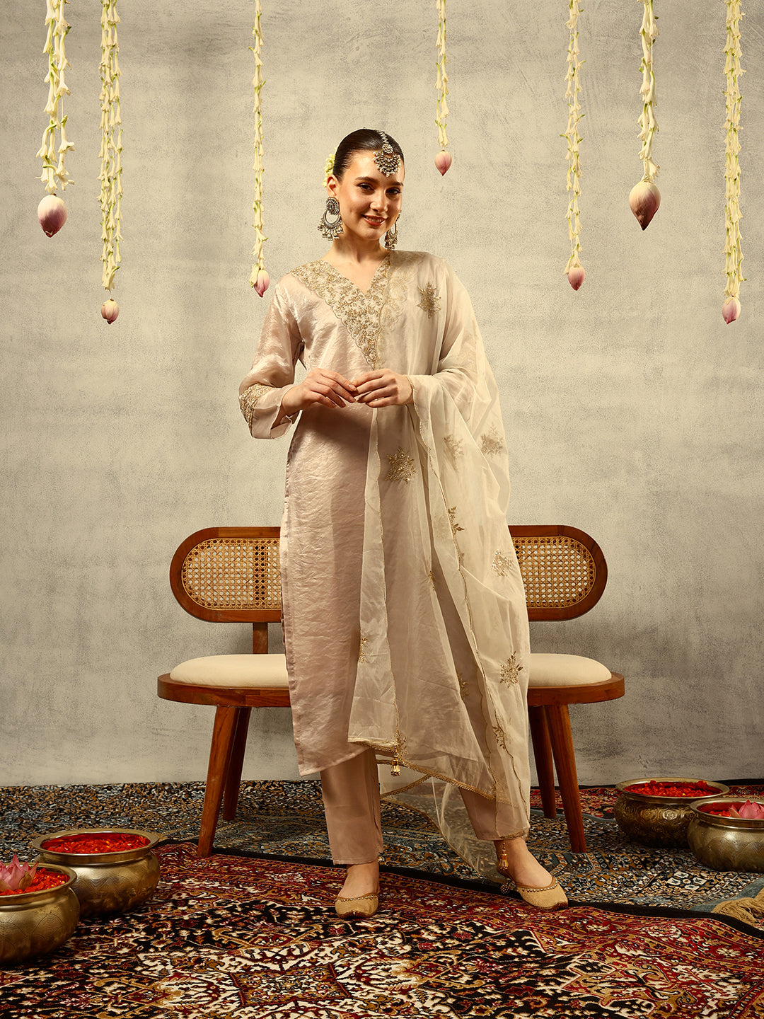 Cording & Zari Embroidered  Festive Kurta with Trouser & Embellished Dupatta