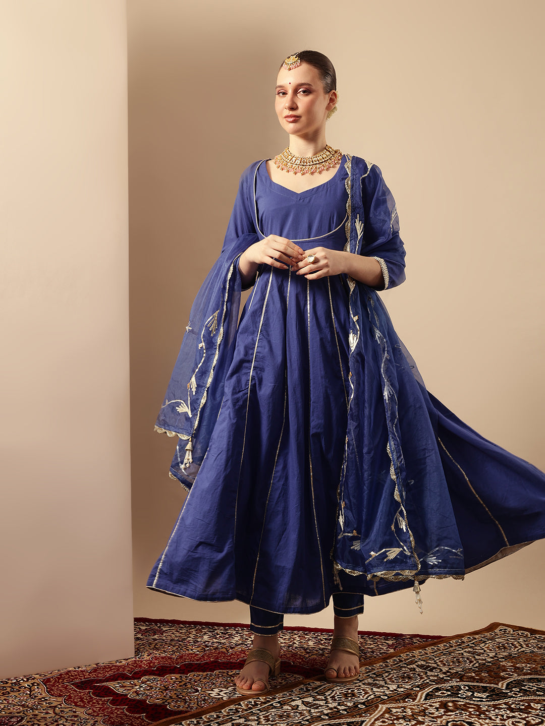 Comfy Royal Blue Organza Embroidered Anarkali Kurta Sets