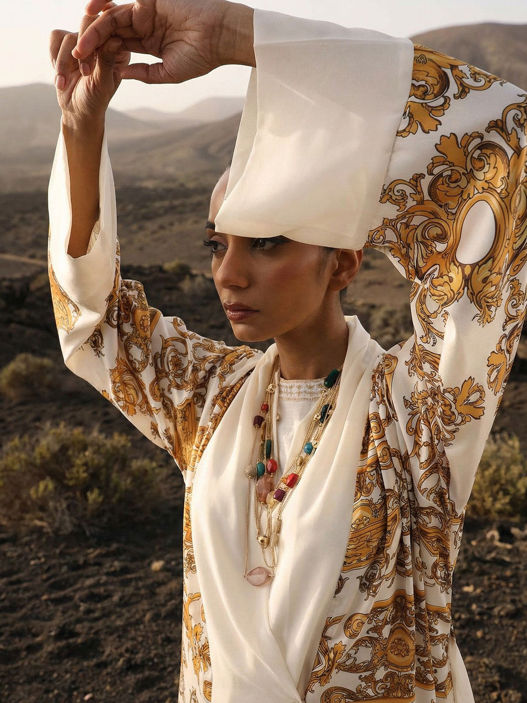 Rich Printed Woven Longline Offwhite Abaya with Hijab