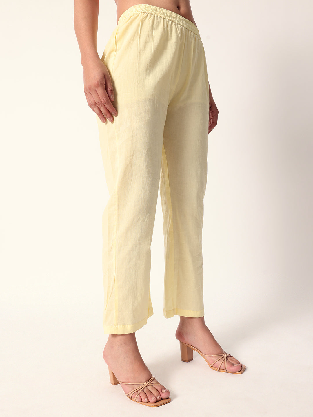 Comfy Yellow cotton embroidered shiffly scalloping straight fit kurta set with dupatta