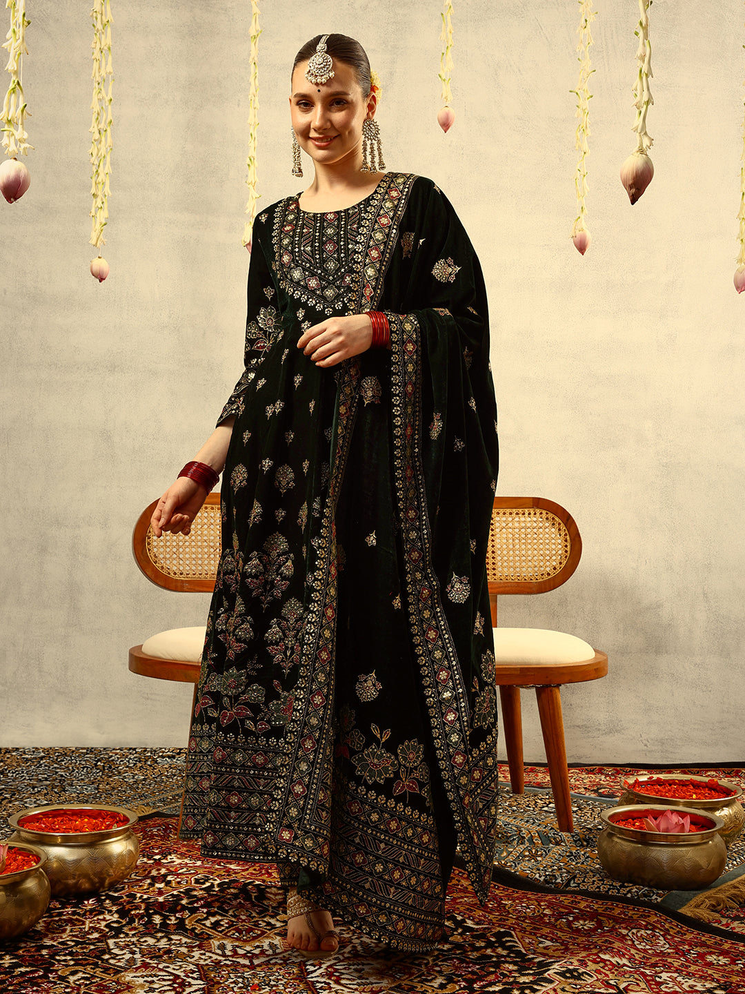 Ishin Green Gold Printed Anarkali Festive Kurta with Trouser & Velvet Dupatta