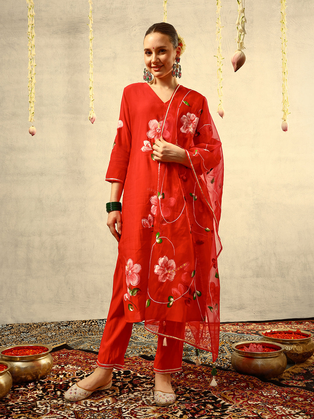 Red Floral Hand Painted Kurta with Trouser and Dupatta