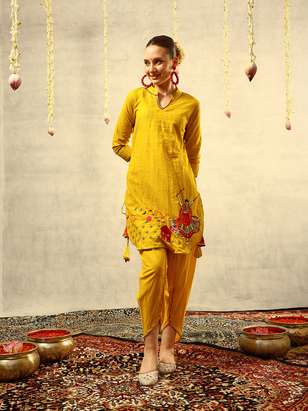 Yellow Bohemian Thread Embroidered Kurta with Dhoti Pants