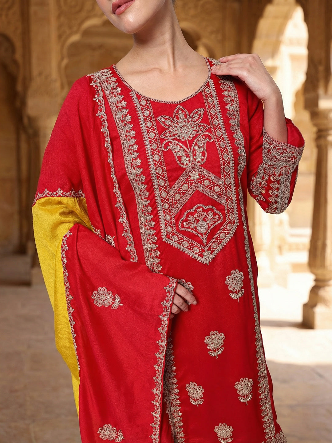 Rich Red Embroidered Straight Kurta sets