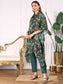 Ishin Women Green Floral Printed Asymmetric Kimono Sleeve Kaftan Kurta with Trousers