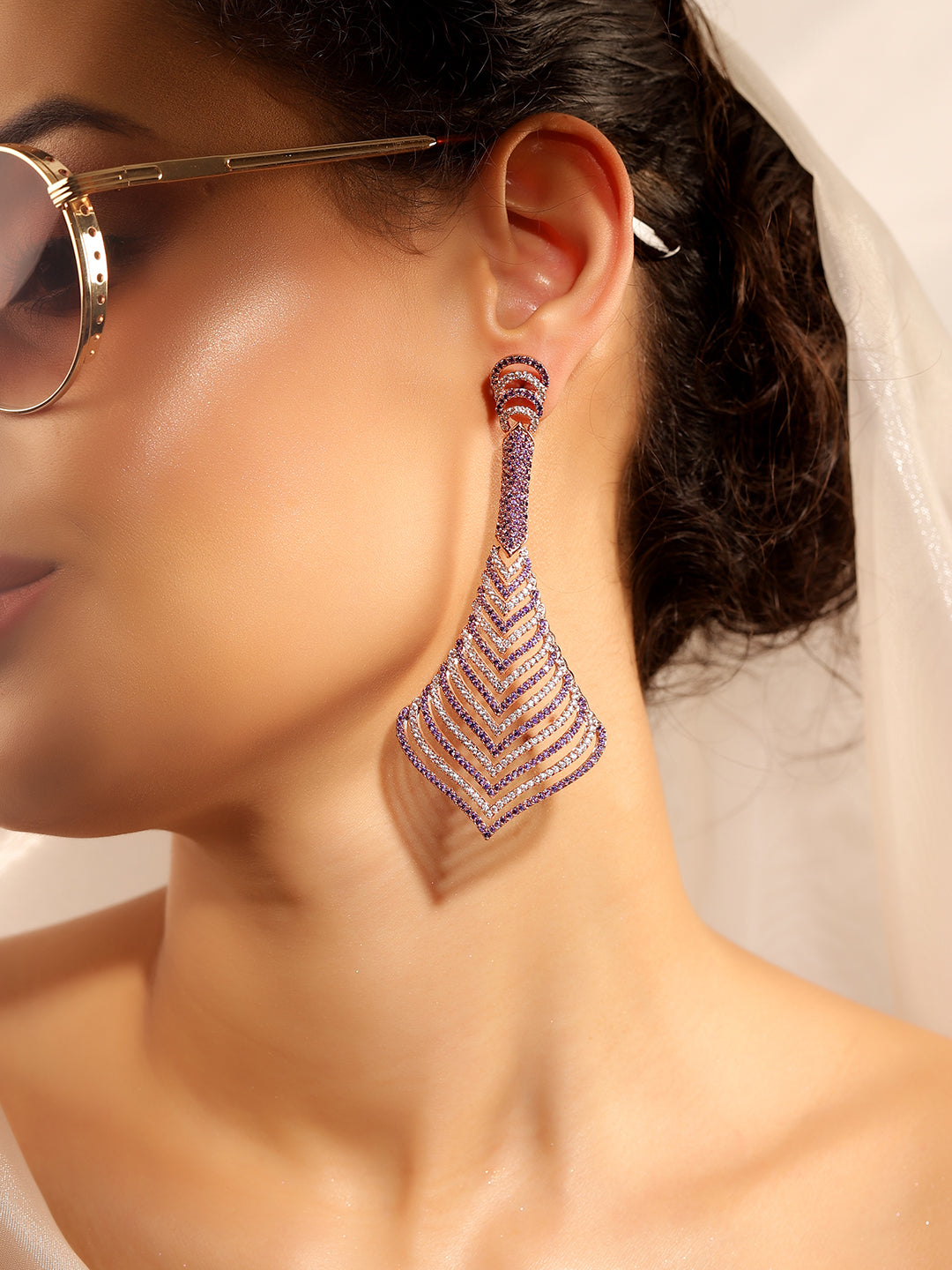 Purple Colour Silver Plated AD Drop Earring
