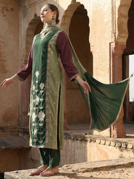 Rich Royal Green Embroidered Straight Fit Kurta sets in Velvet