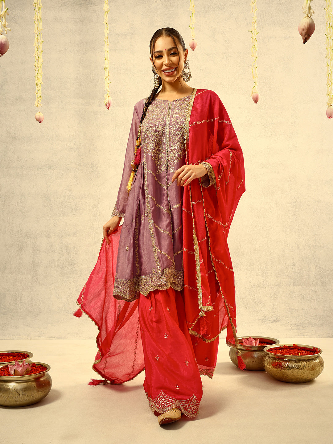 Ishin Purple Cording & Zari Embroidered  Festive Kurta with Sharara & Embellished Dupatta