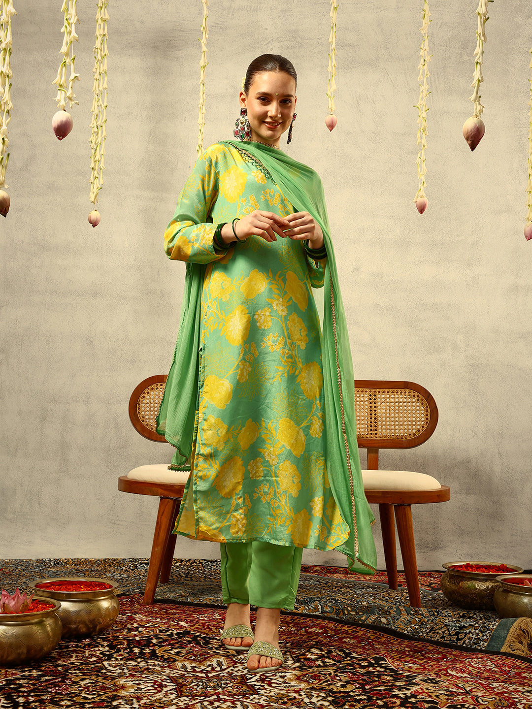 Green Digital Floral Printed & Mirror Embroidered Straight Kurta with Trouser & Dupatta