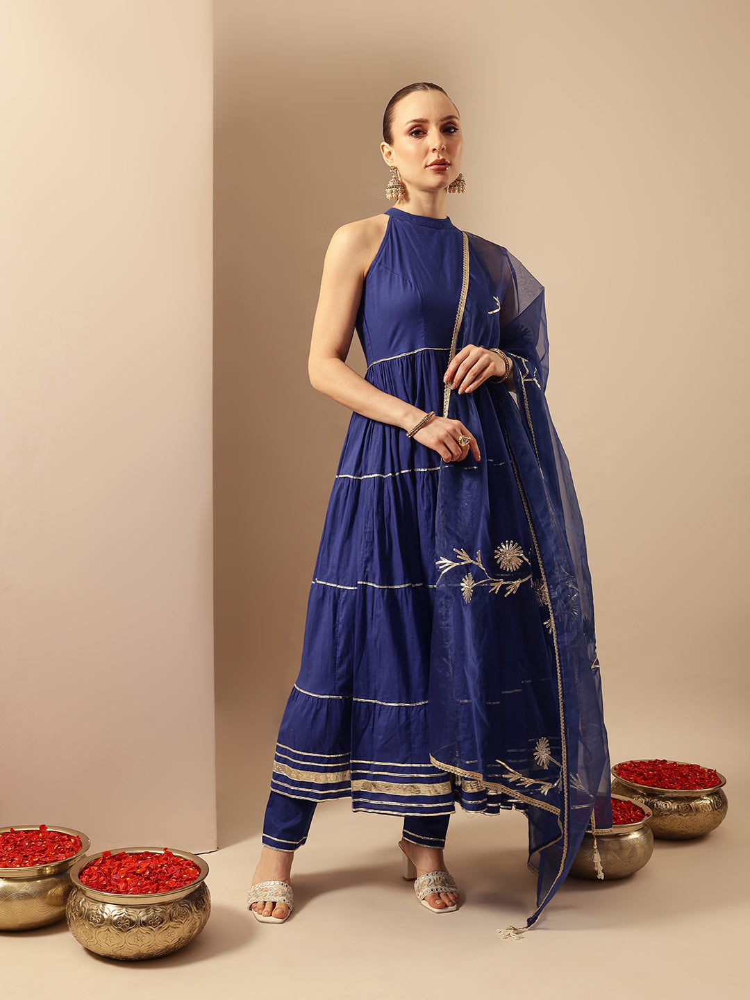 Comfy Royal Blue Organza Embroidered Anarkali Kurta Sets