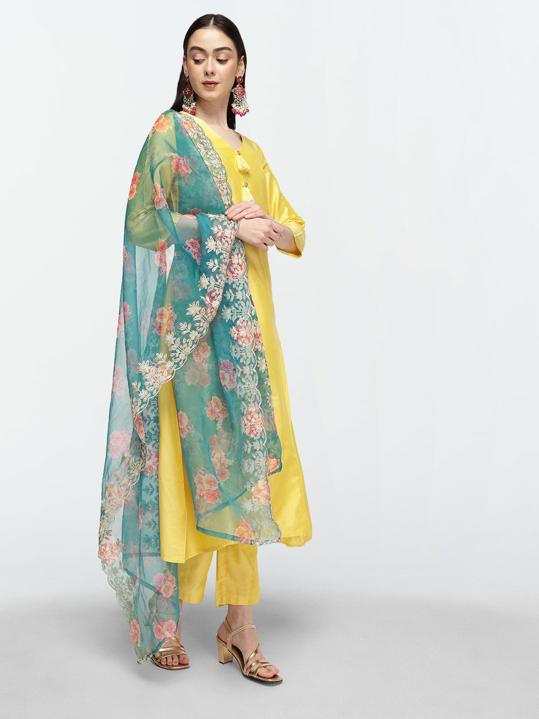 Graceful Yellow  Poly Silk Zari Embroidered A-line Kurta Set with statement dupatta