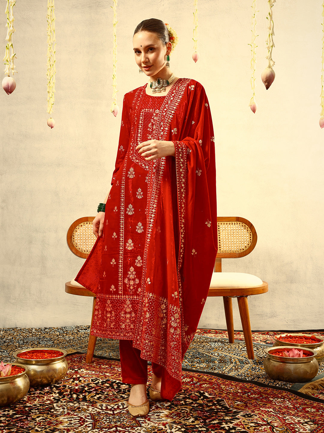 Ishin Pink Gold Print Festive Kurta with Trouser & Velvet Dupatta