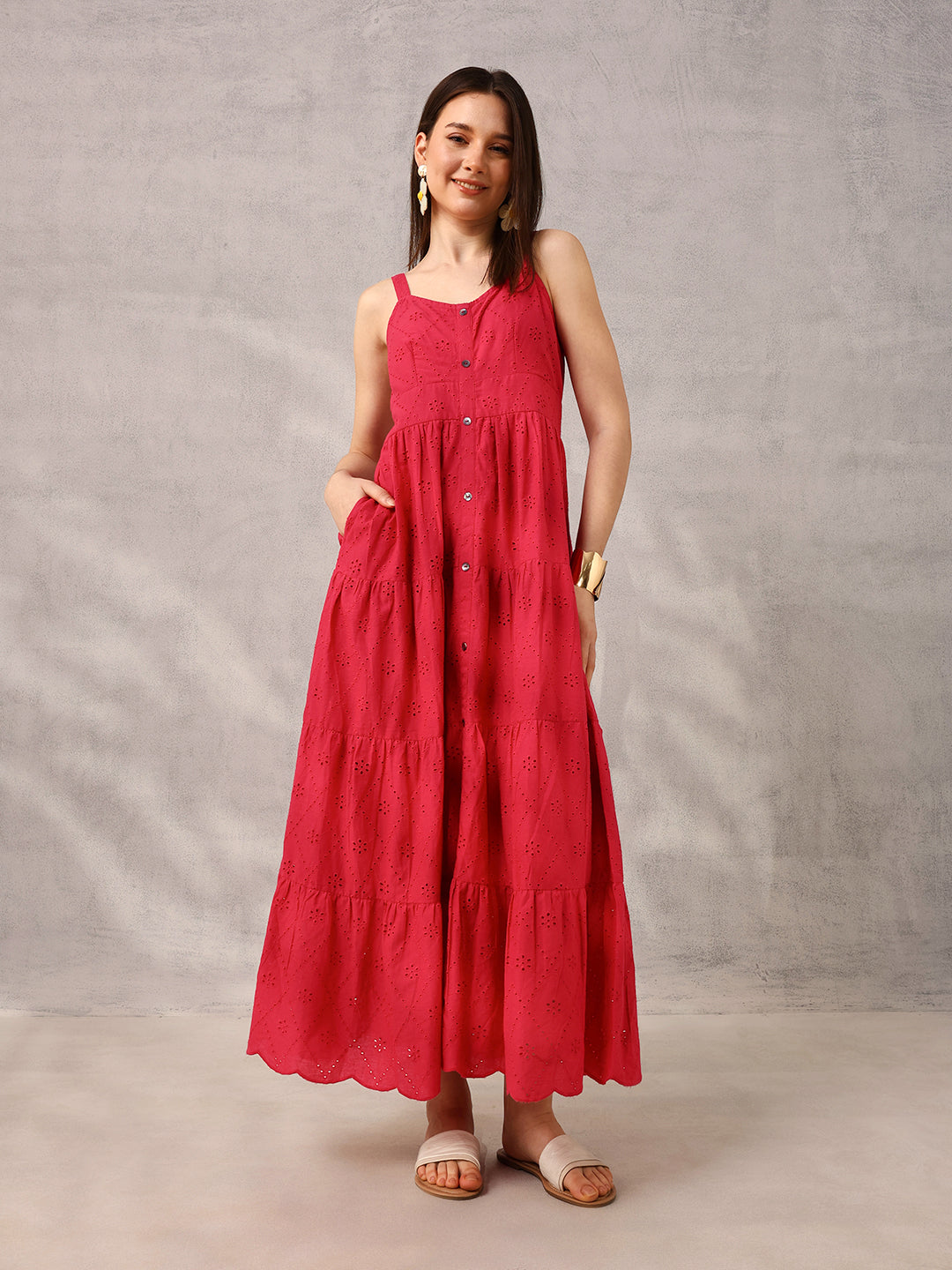 Pink Smart  Casual Schiffli Maxi Dress