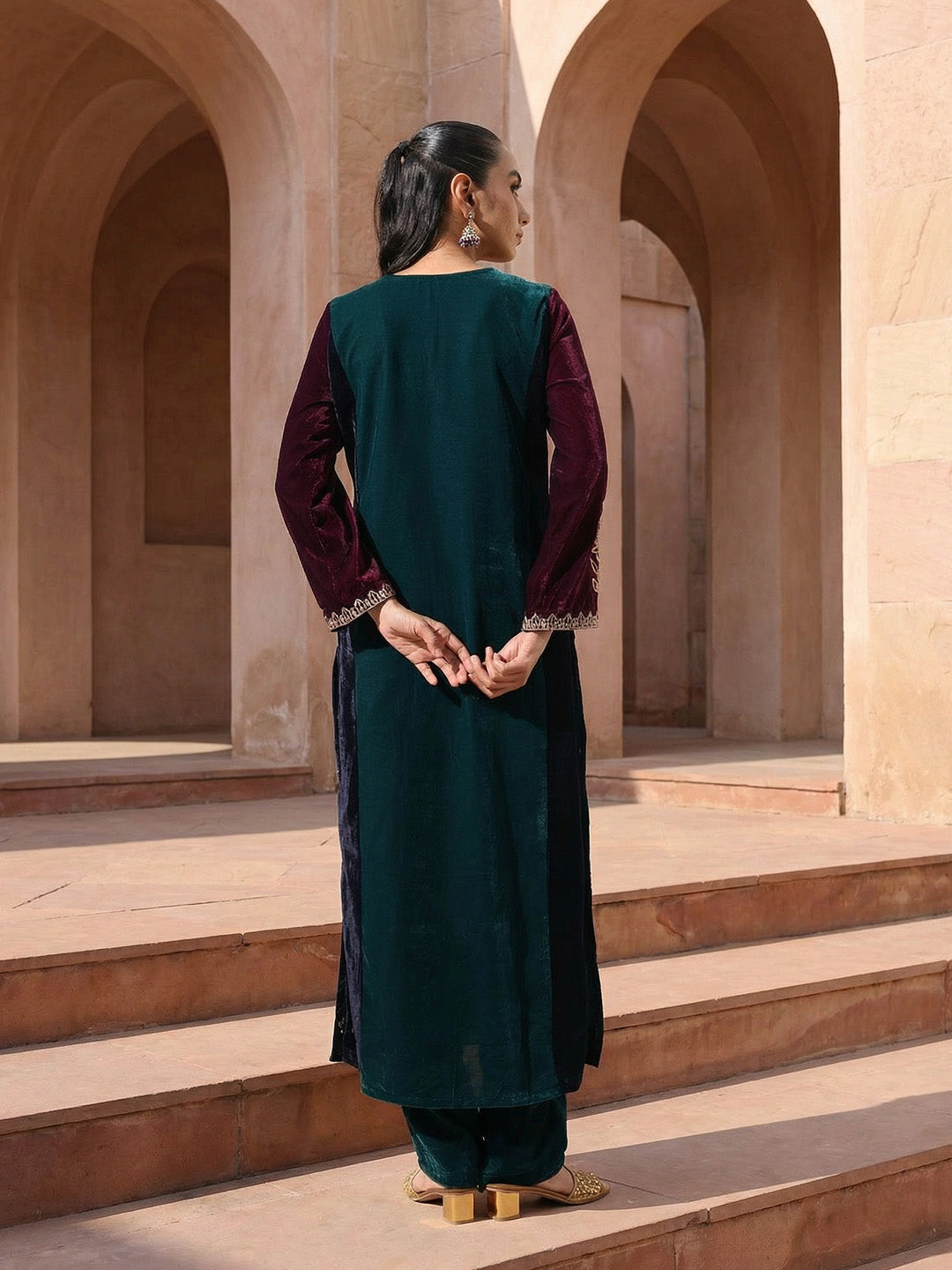 Rich Teal Embroidered Straight Fit Kurta Sets In Velvet