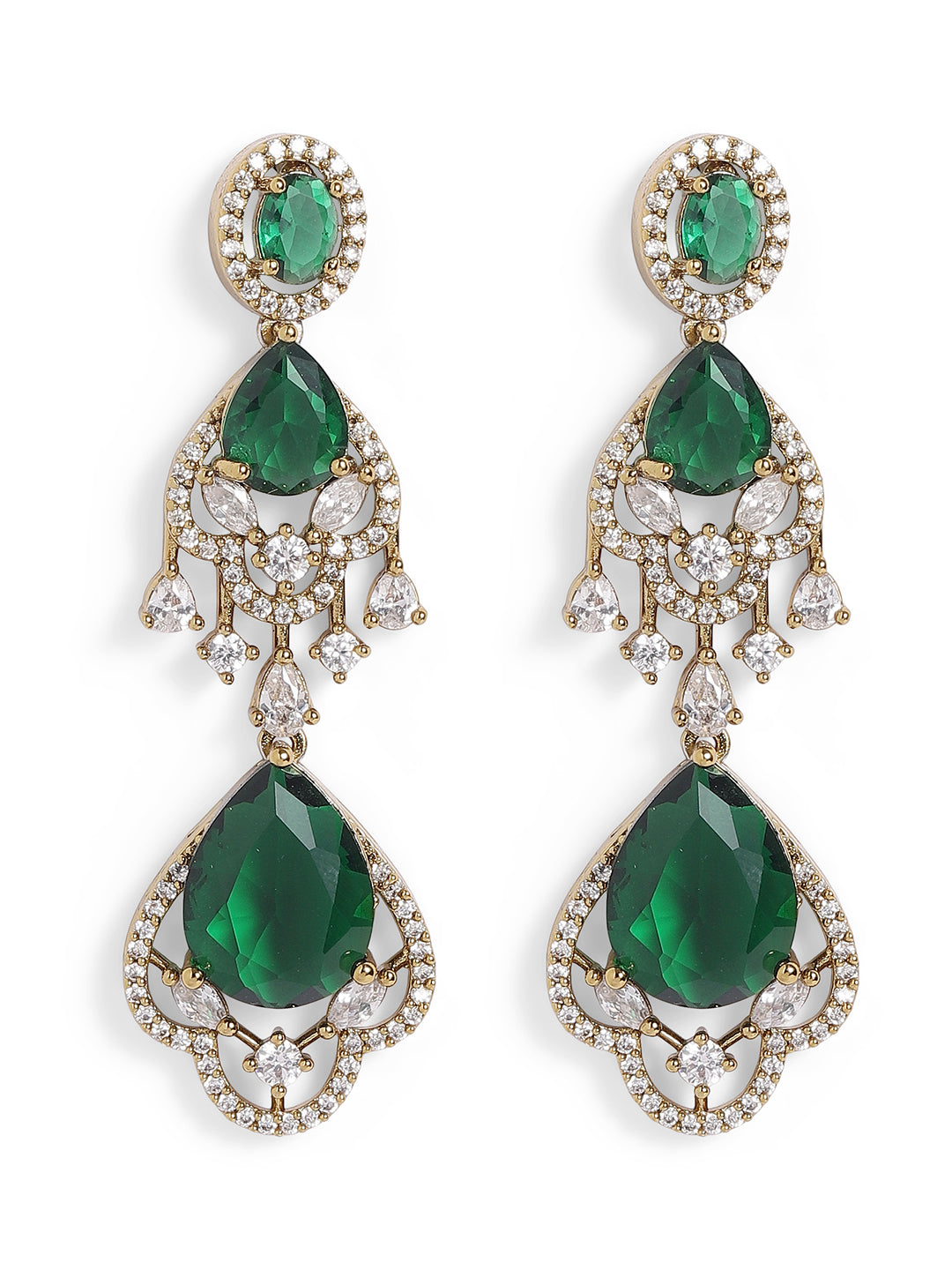 Green Colour Gold Plated AD Drop Earring