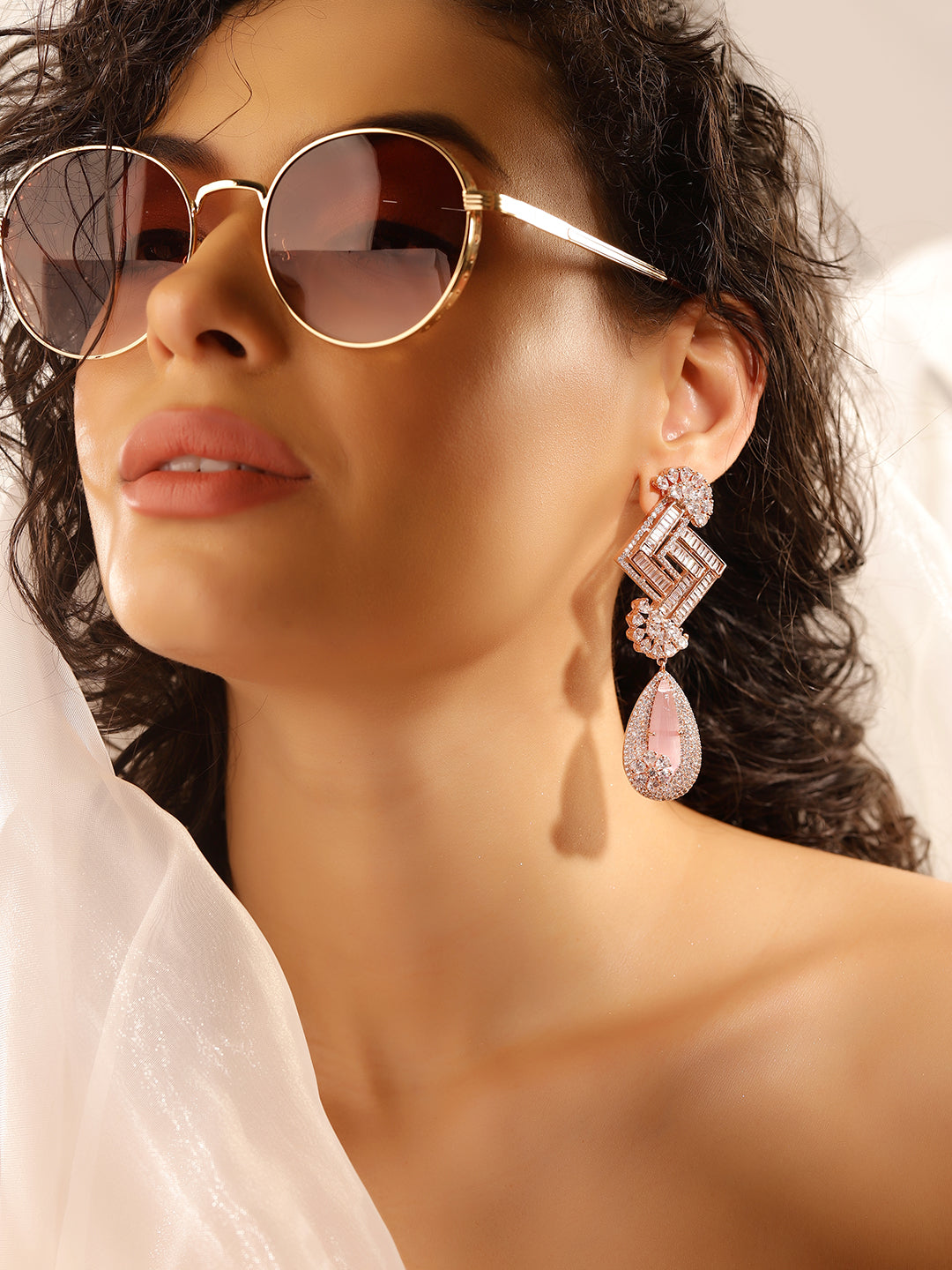 Pink Colour Rose Gold Plated AD Drop Earring