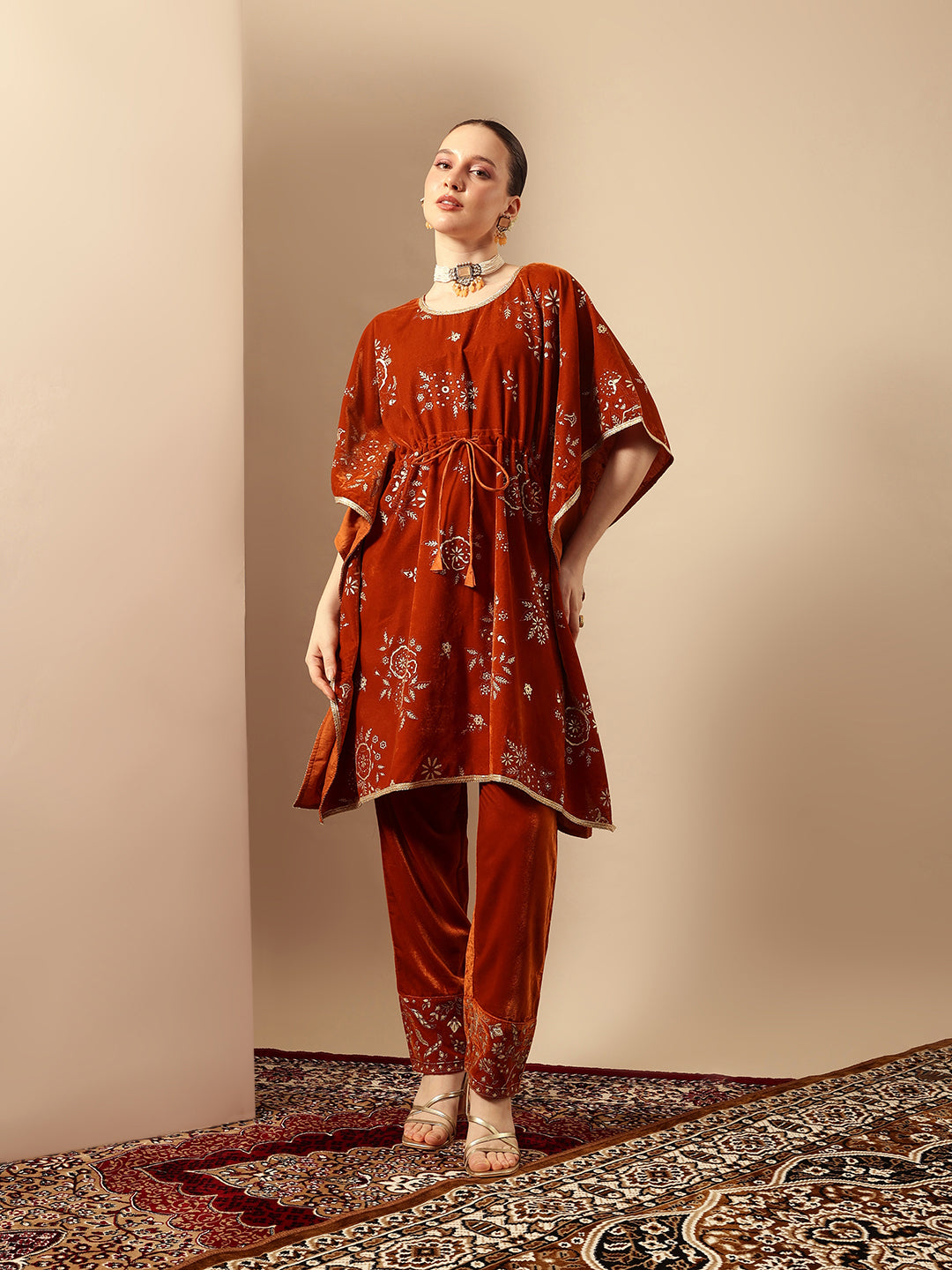 Rich Rust   Gold Print Kaftan Set Co-ords with dupatta