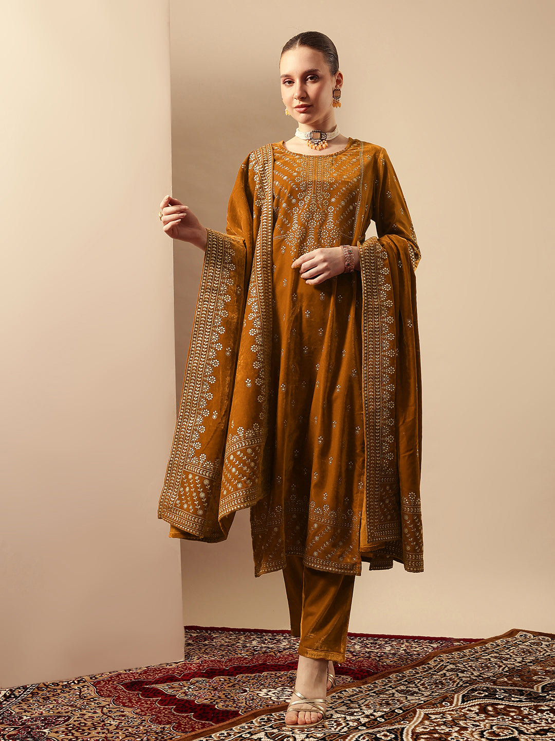 Rich Gold Velvet Gold Print Straight Kurta sets with dupatta