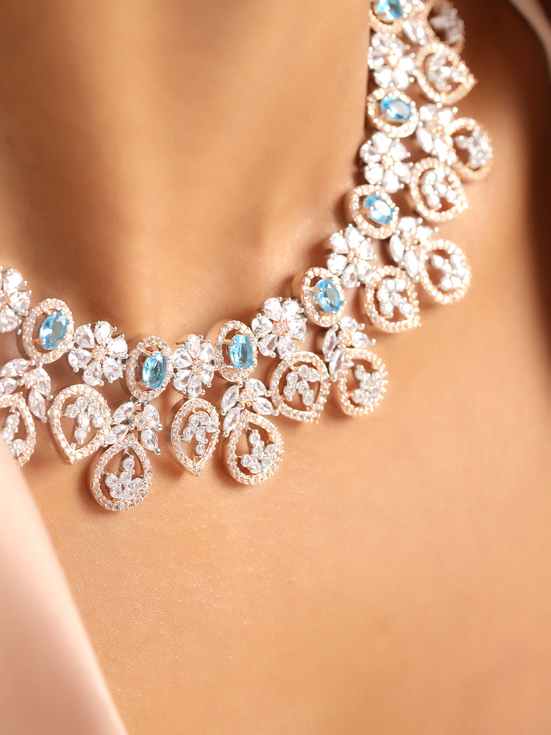 Aqua Colour Silver Plated American Diamond Jewellery Set