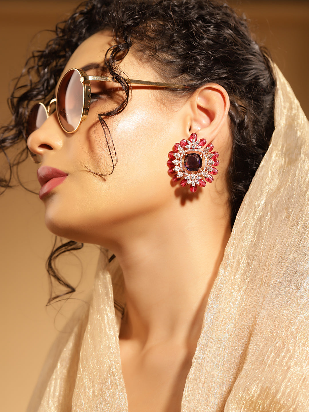 Emethyst Colour Rose Gold Plated AD Studs Earring