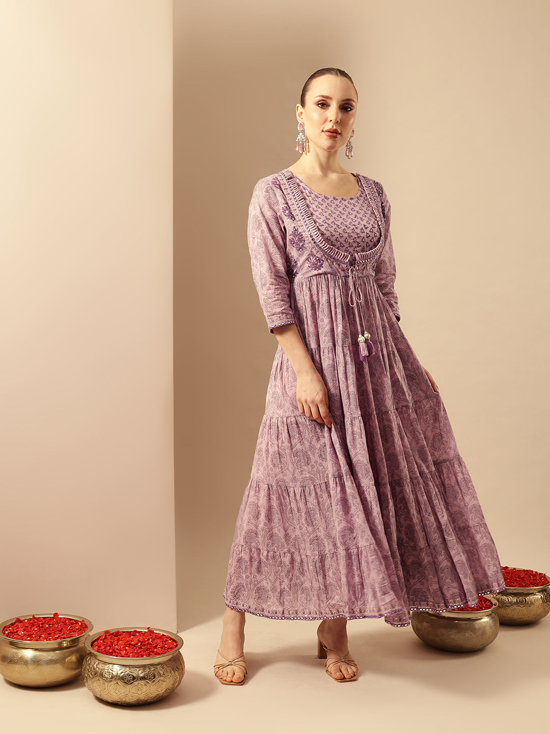Comfy Flared Embellished Lavender Dress
