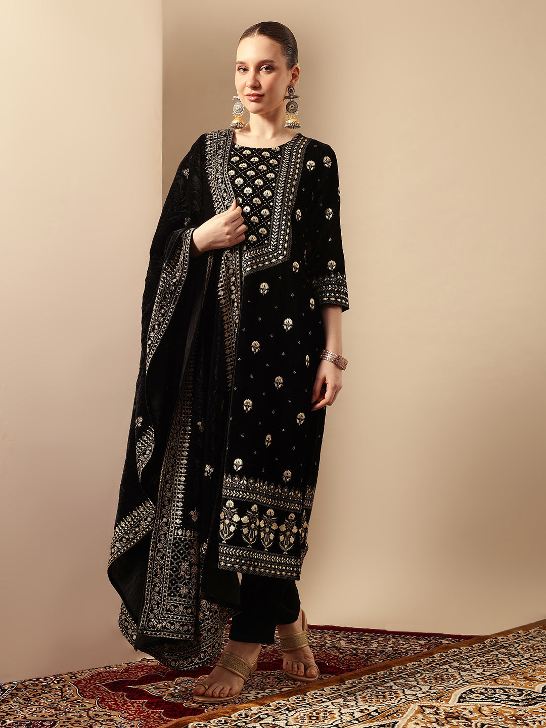 Rich Black Velvet Gold Print Straight Kurta sets with dupatta