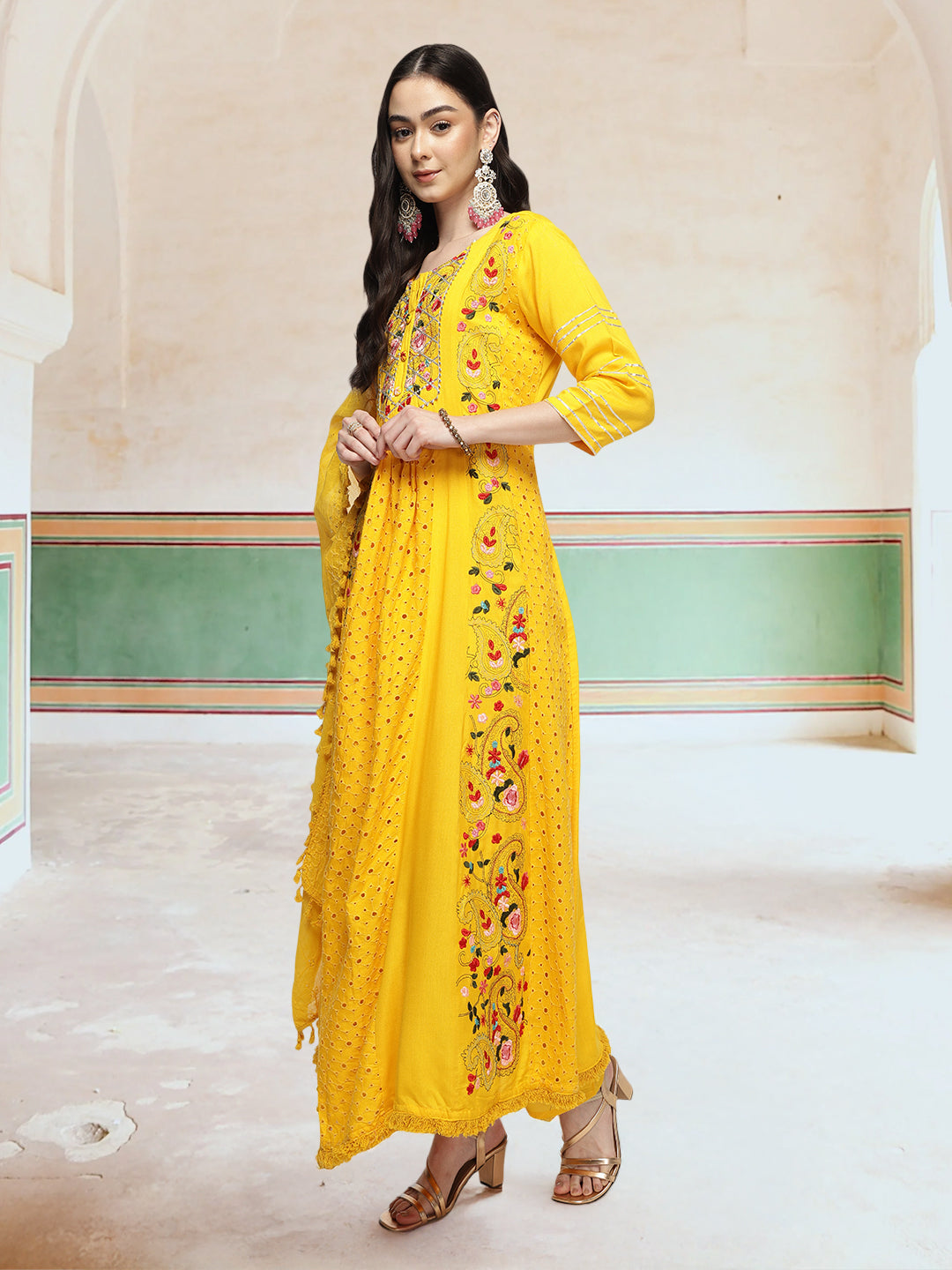 Graceful Yellow Rayon Schiffli Embroidered A-line Kurta Set with dupatta