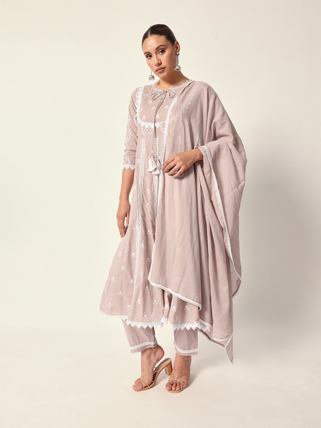 Graceful Beige cotton floral printed anarkali fit kurta set with dupatta
