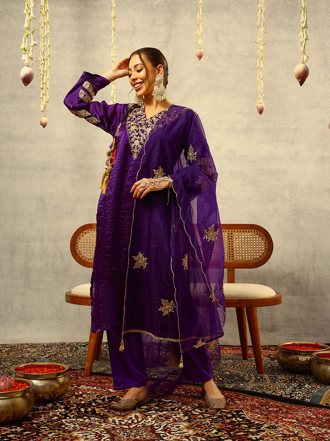 Purple Cording & Zari Embroidered Festive Kurta with Trouser & Embellished Organza Dupatta