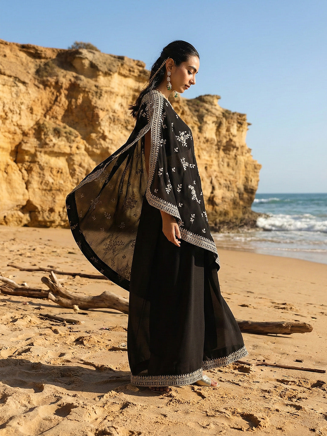 Rich Chinon Embroidered Black Embroidered A Line Co-Ords ShararaBottom