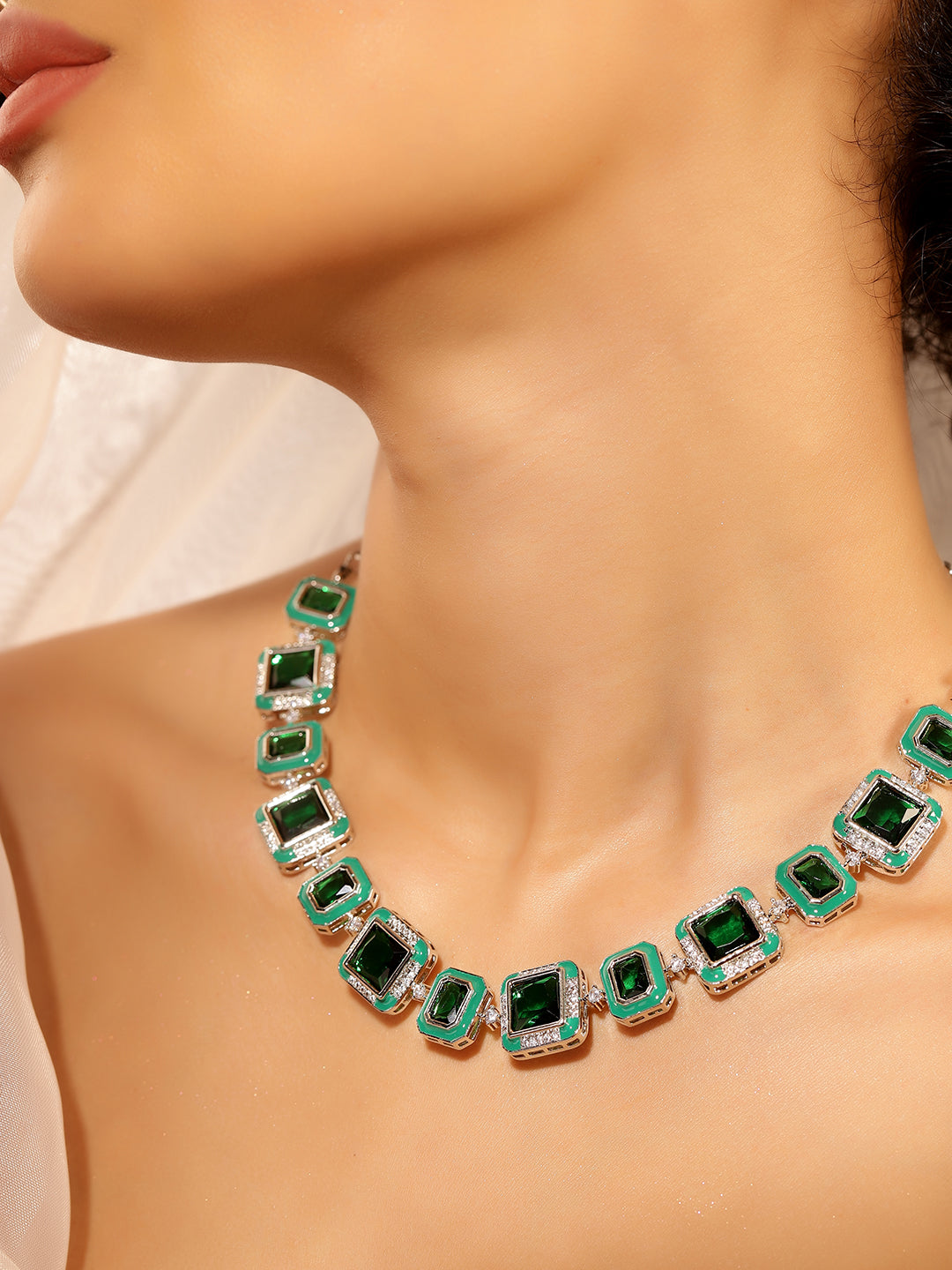 Green Colour Silver Plated AD Jewellery Set