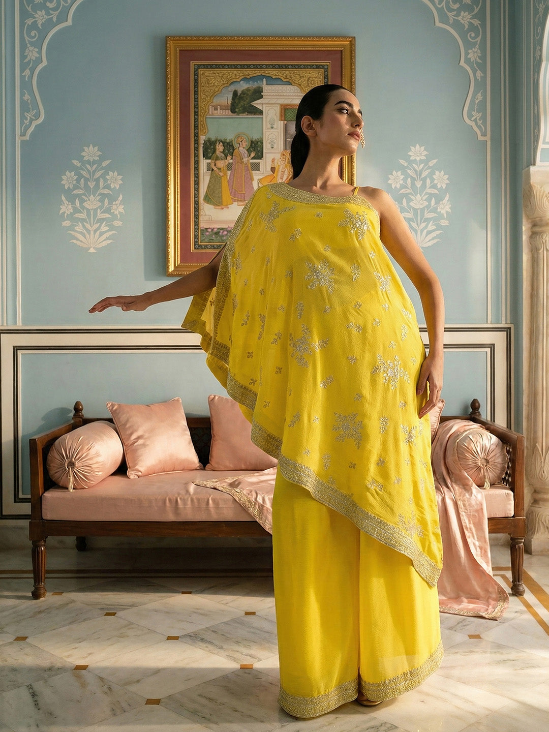 Rich Chinon Embroidered Yellow Embroidered A Line Co-Ords ShararaBottom