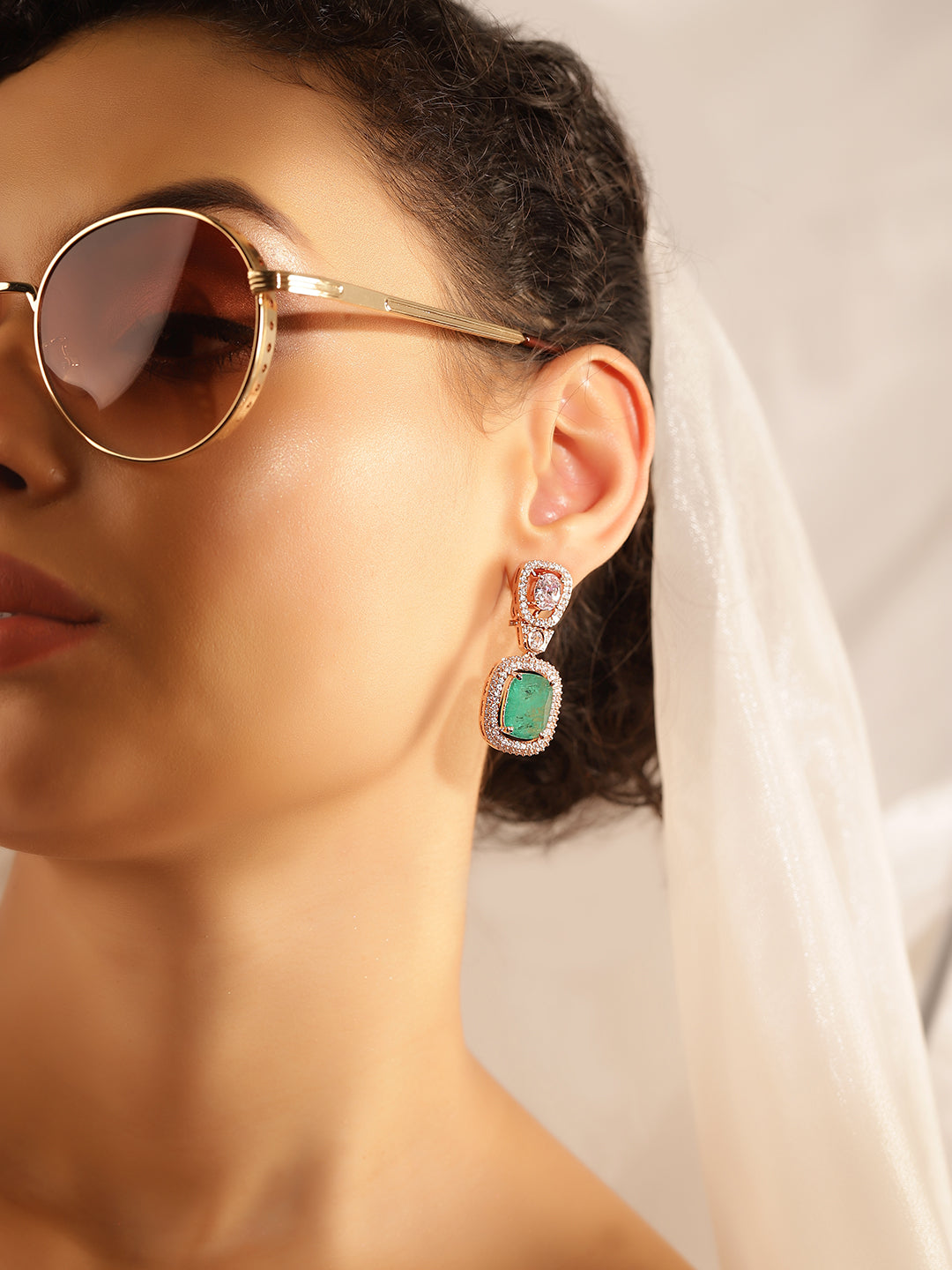 Green Colour Rose Gold Plated AD Jewellery Set