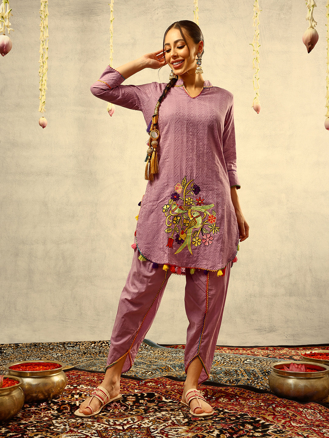 Ishin Purple Bohemian Thread Embroidered Kurta with Dhoti Pants