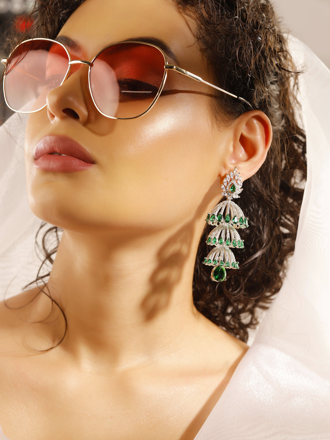 Green Colour Silver Plated AD Jhumka Earring